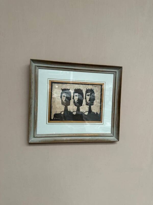 Woodcut glazed painting "Three Figures" by A. Holm, vintage & framed 37×32cm