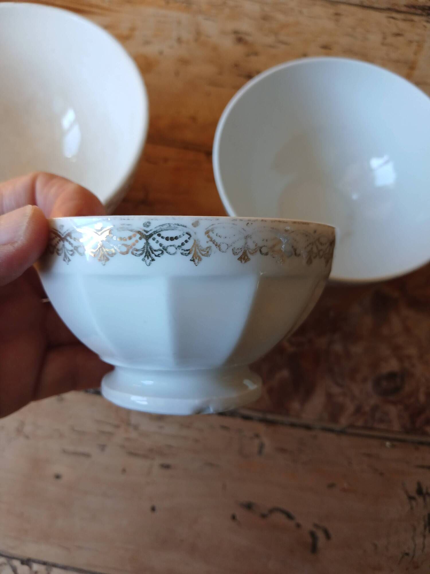 Set of 3 white and gold antique bowls - porcelain cups