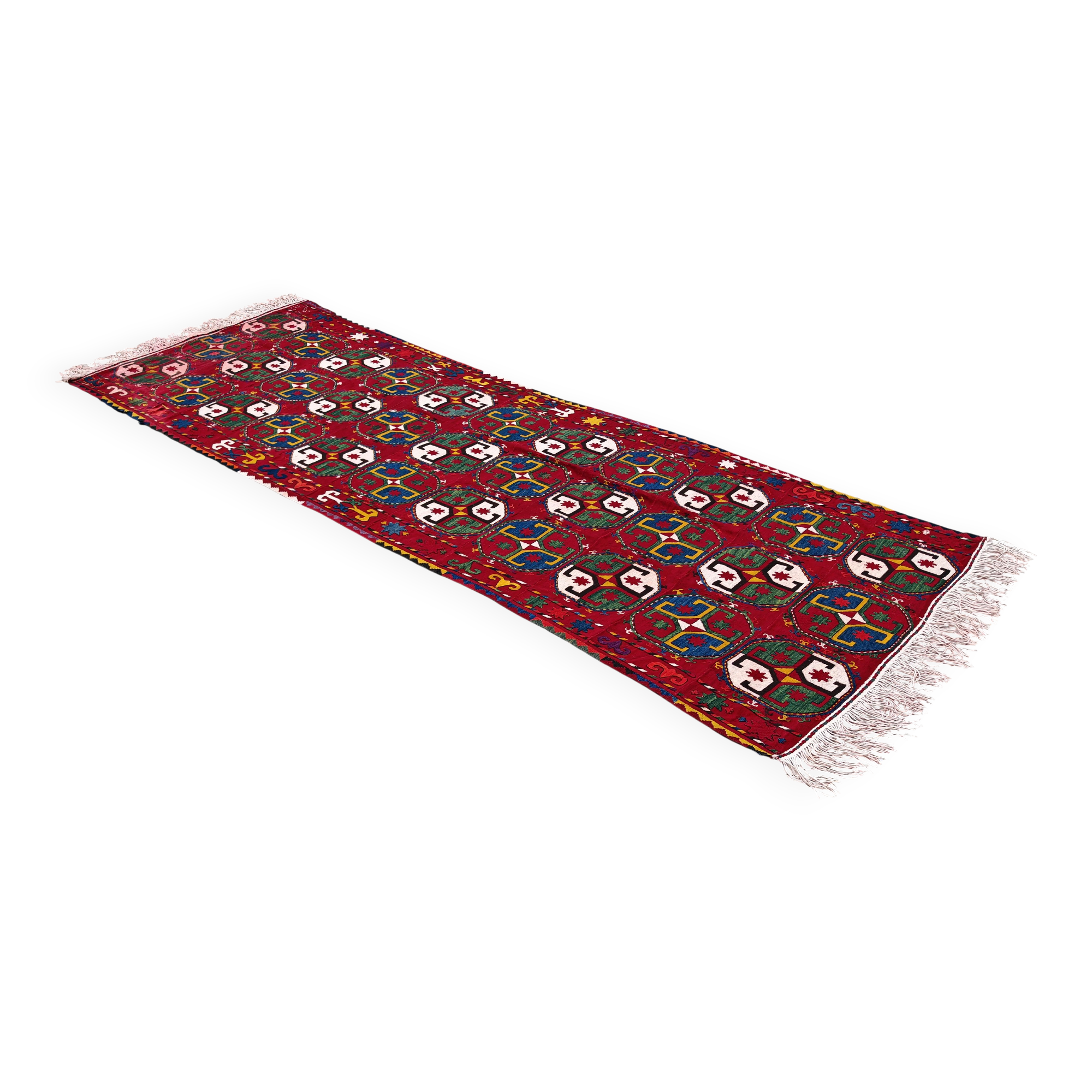Ancient Uzbek Carpet Mixed Technique Flat Woven, Early 20th Century