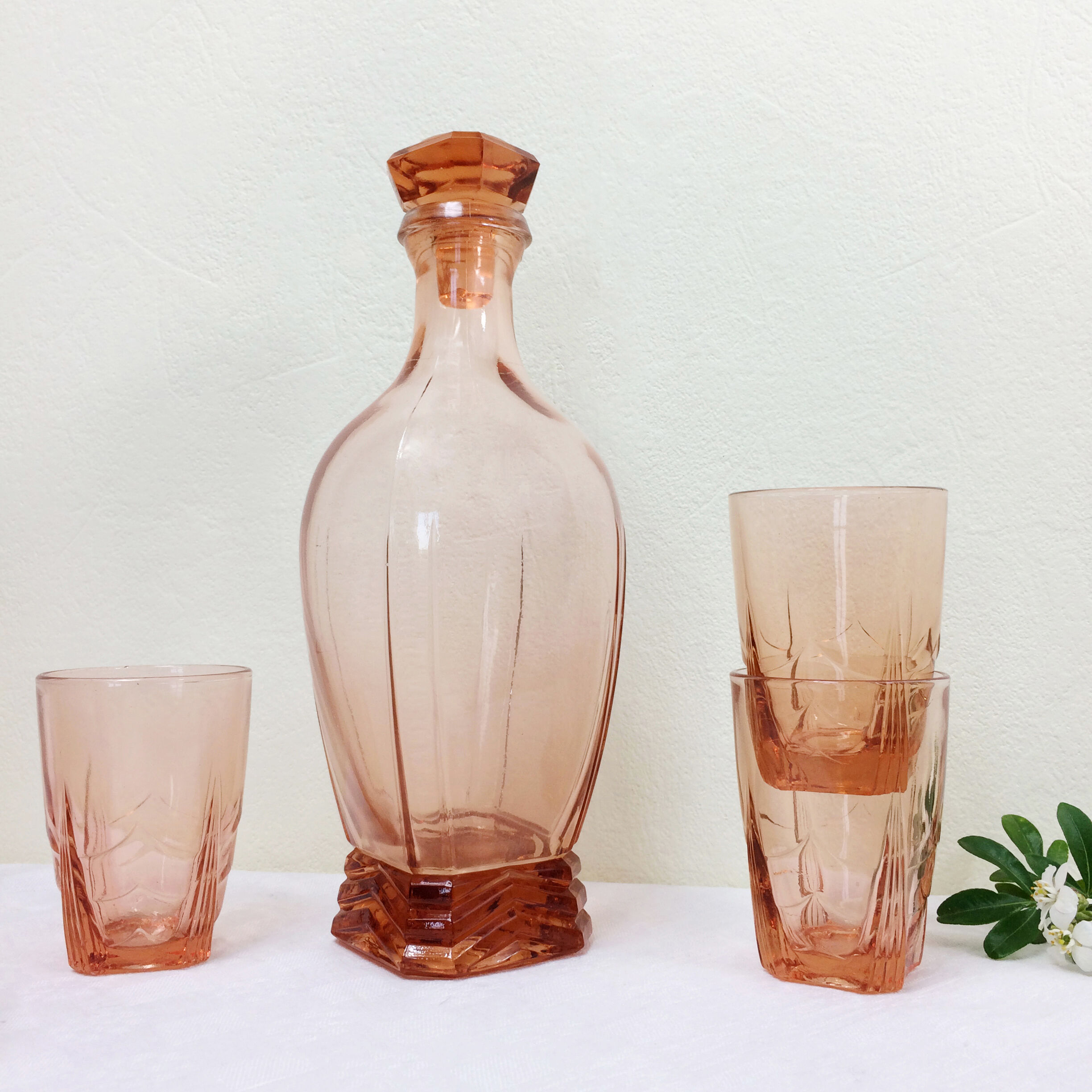 Art deco pink glass water service