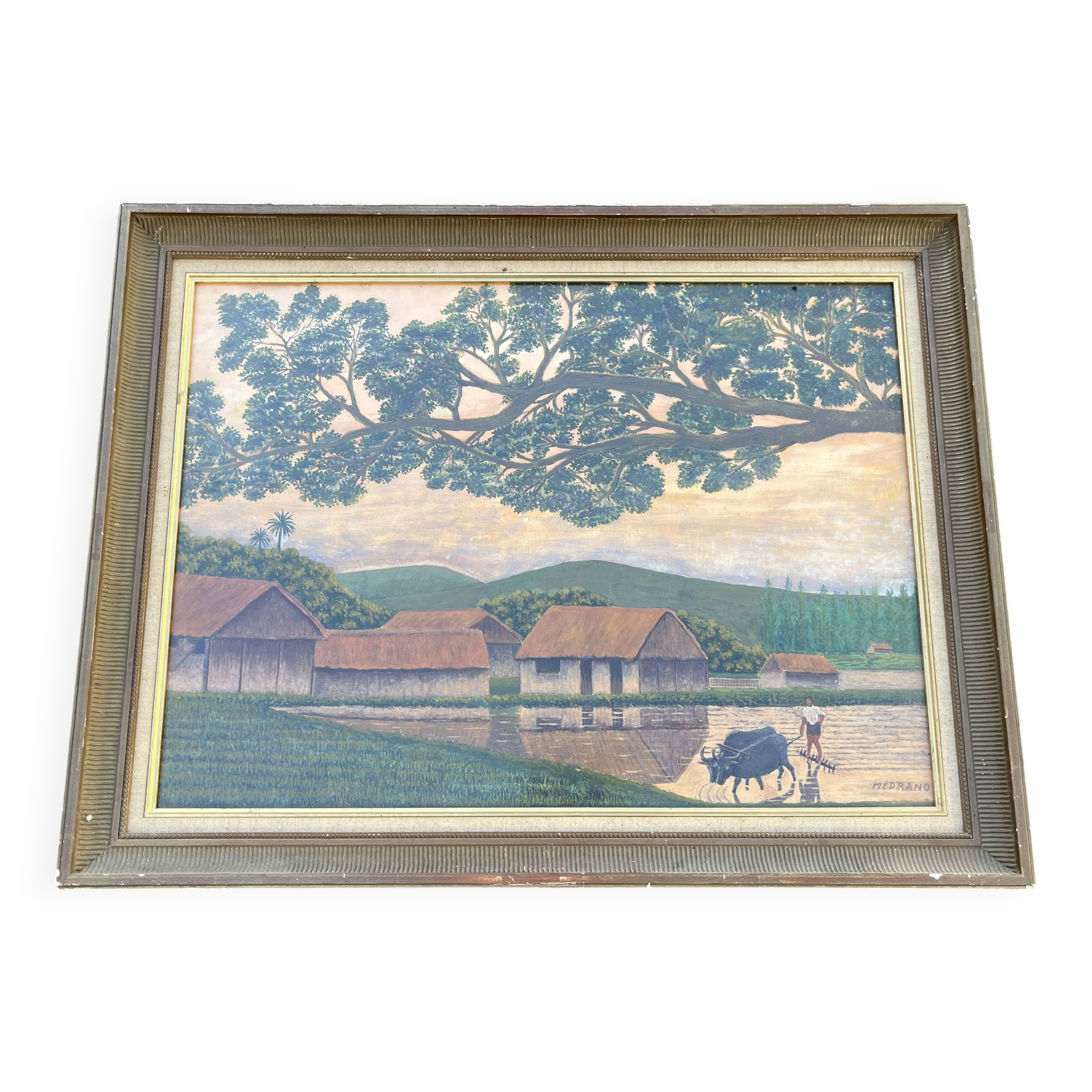 Large naive oil painting signed Medrano: rice field and buffalo, village with roofs of