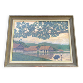 Large naive oil painting signed Medrano: rice field and buffalo, village with roofs of