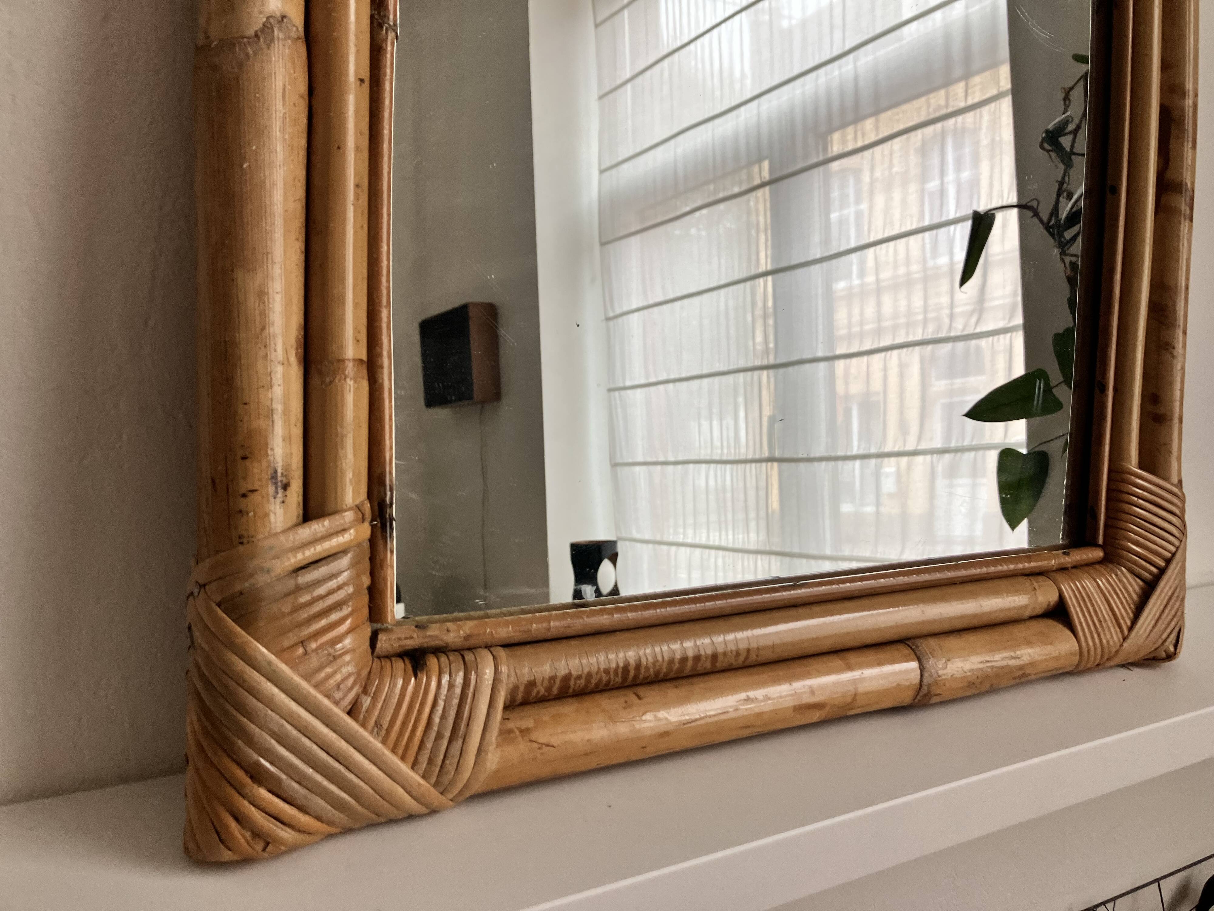 Bamboo rattan mirror from the 70s, French Riviera.