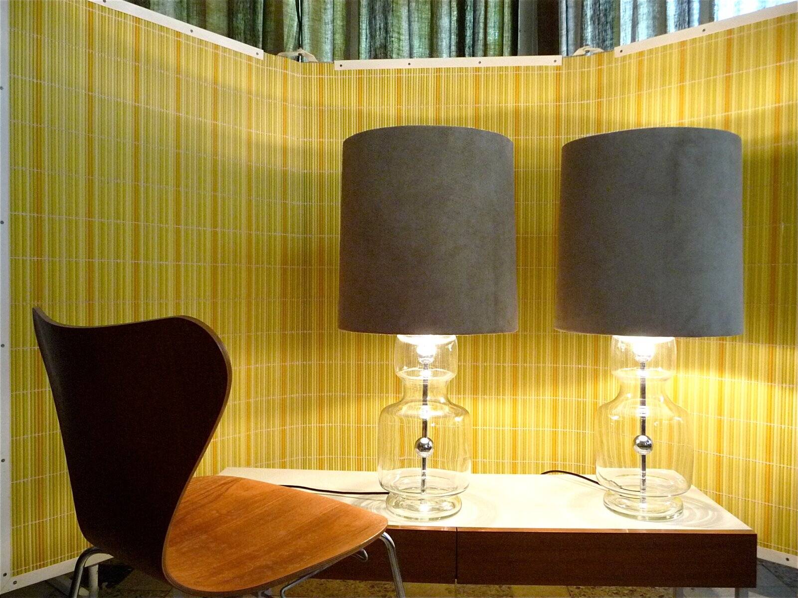 Set of 2 Glass & chrome table lamps with alcantara lampshades, 1960s