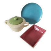 Trio of textured turquoise green and raspberry earthenware from Salins-les-Bains.