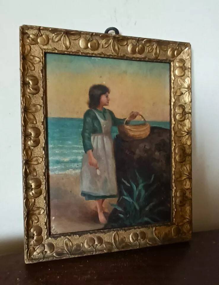 Peinture sur panneau à cadre paysan doré signée 1915