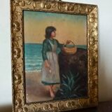 Peinture sur panneau à cadre paysan doré signée 1915