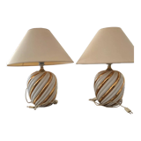 Pair of lamps of the brand Koska in white and twisted gold, with lampshade