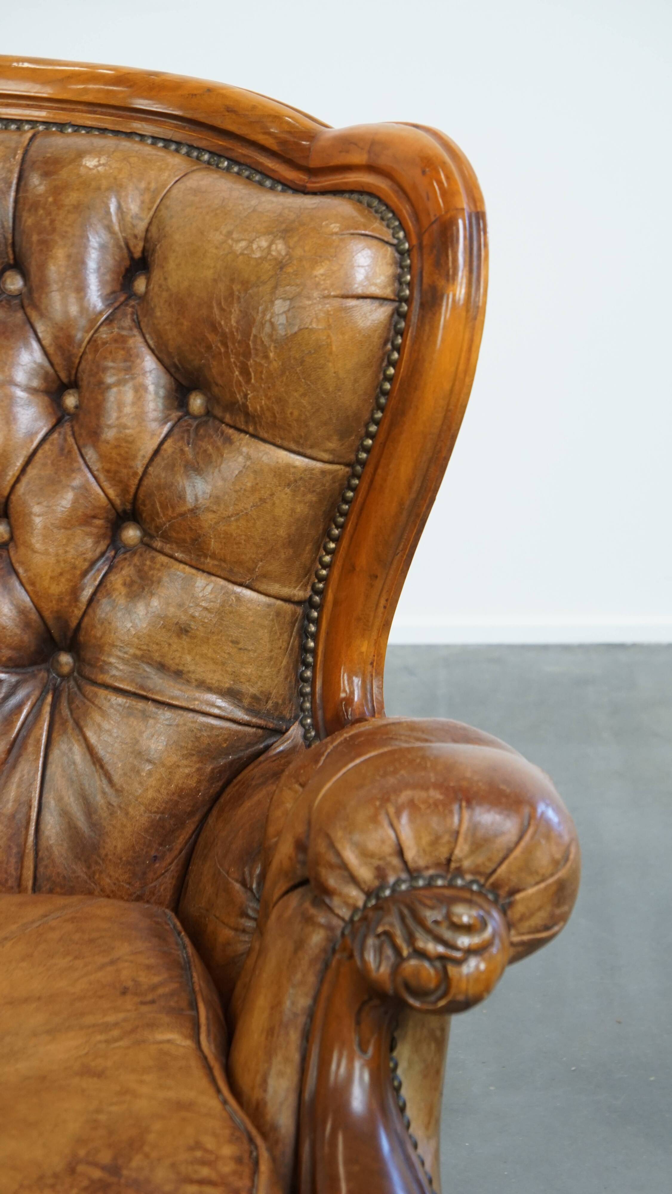 Antique Baroque Sheepskin Leather Chesterfield Armchair