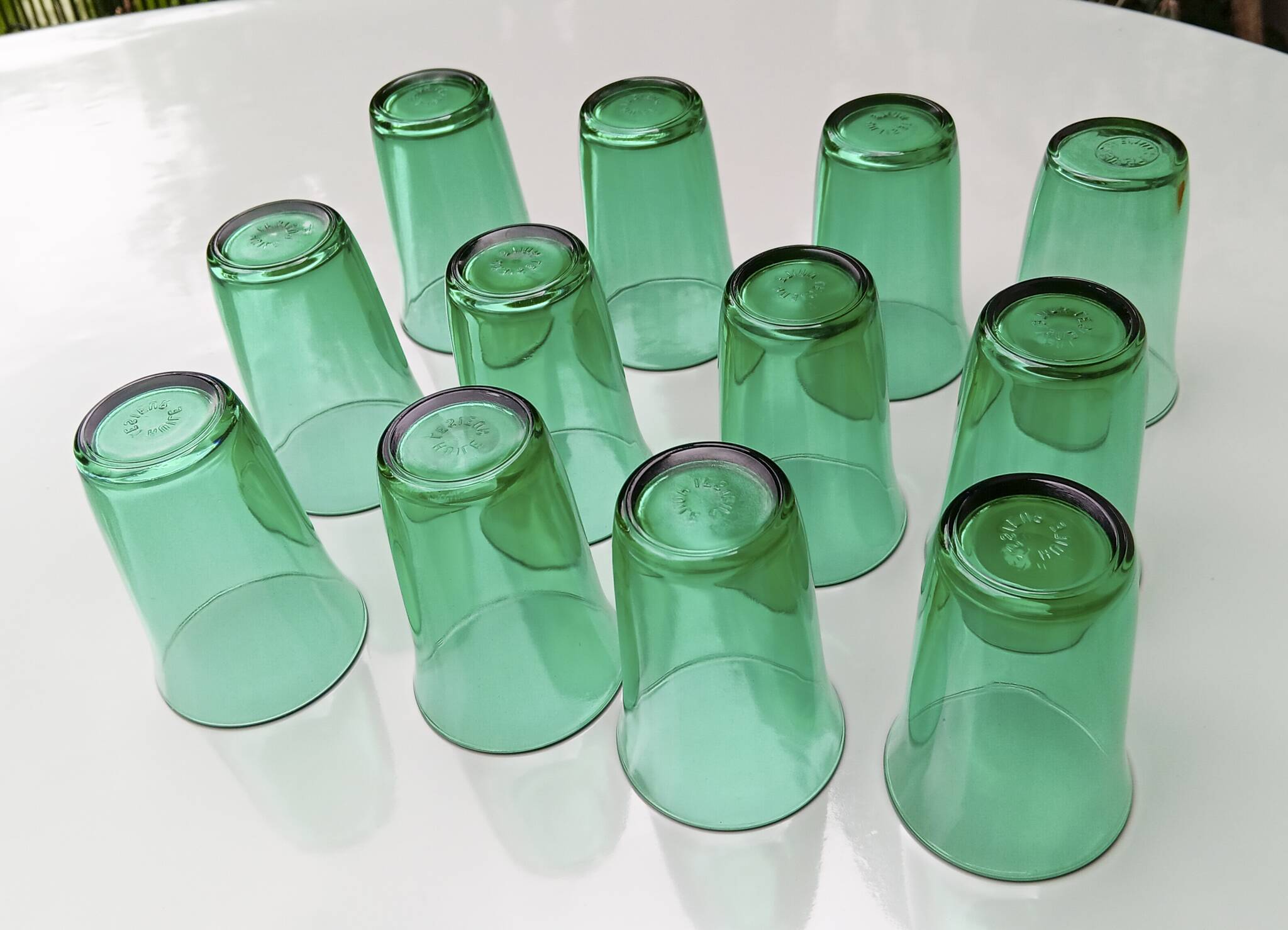 12 vintage Lesieur green glasses.