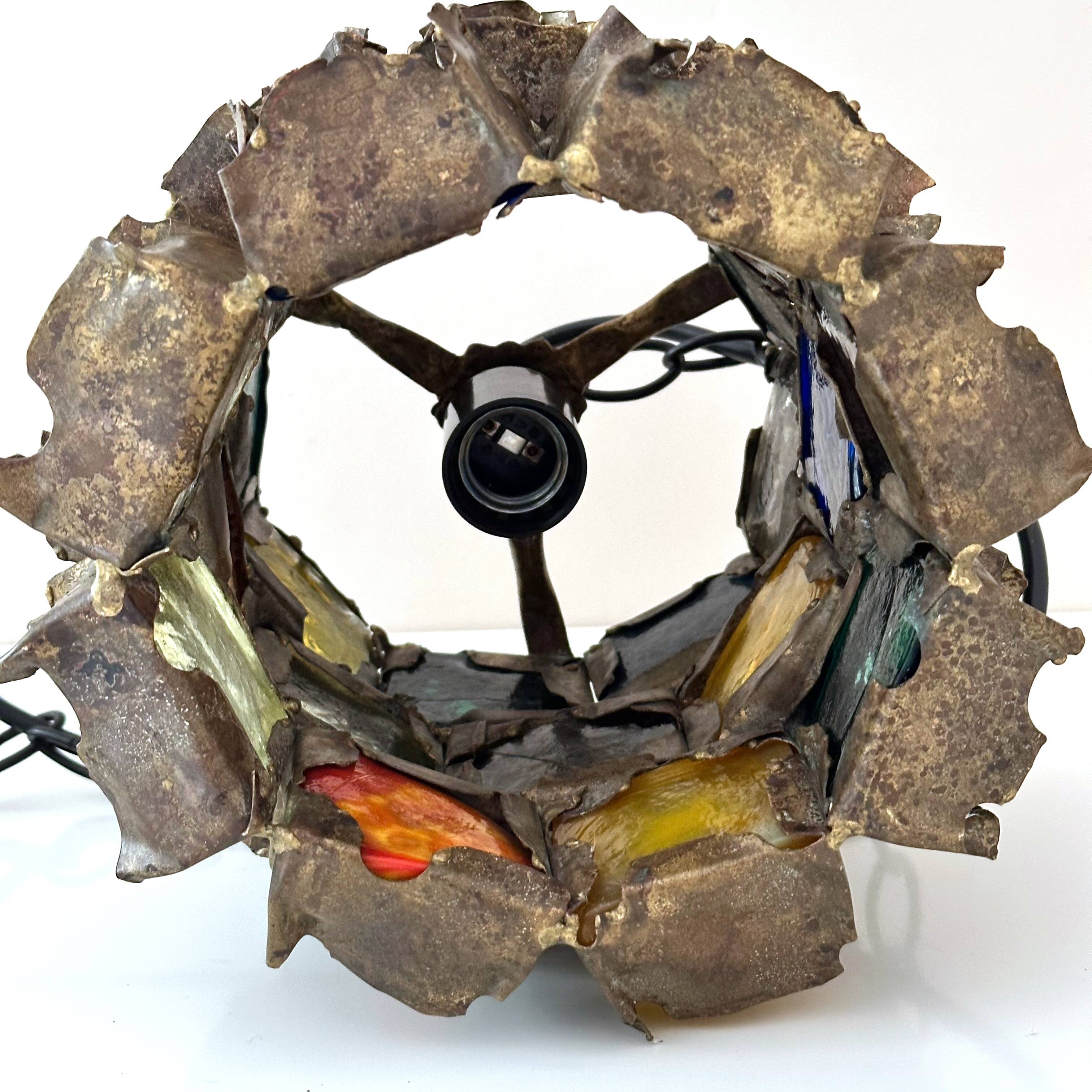 Brutalist Pendant Lamp by Felipe Delfinger in Metal and Colored Glass, 1970
