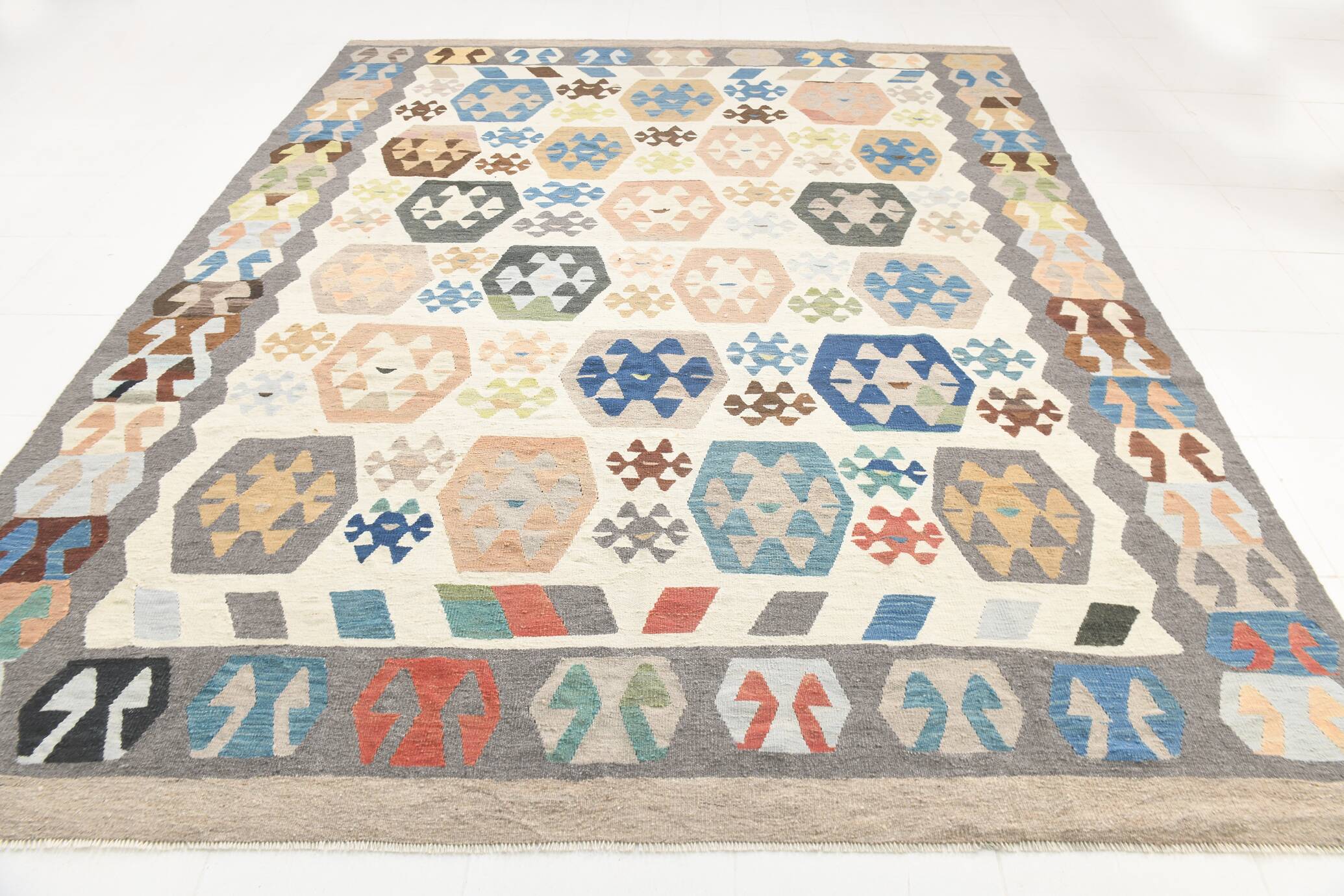 Tapis Kilim de luxe de style rare géométrique 9x11, tapis Kilim vintage de grande surface