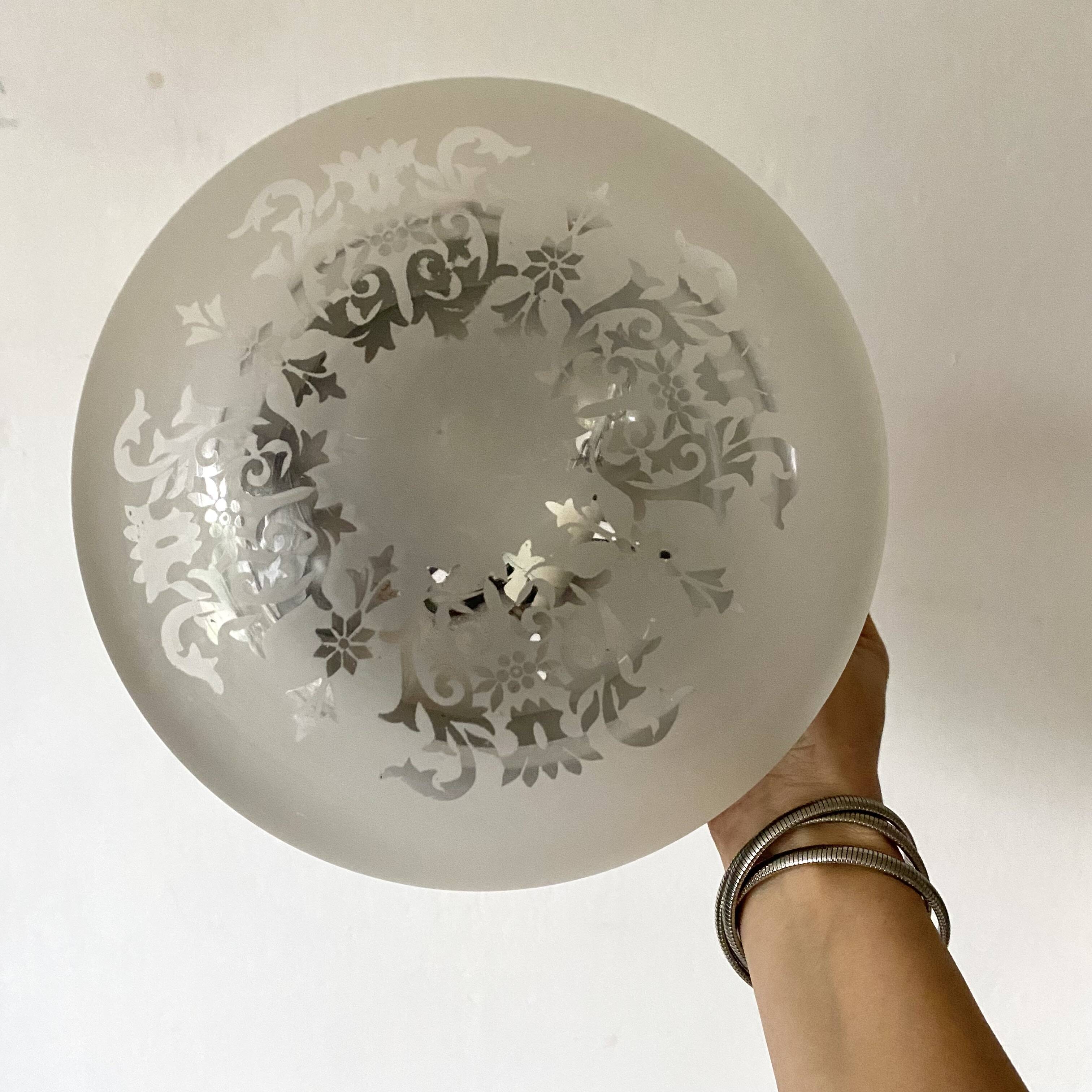 Ceiling light in glass and silver metal, flowery decor