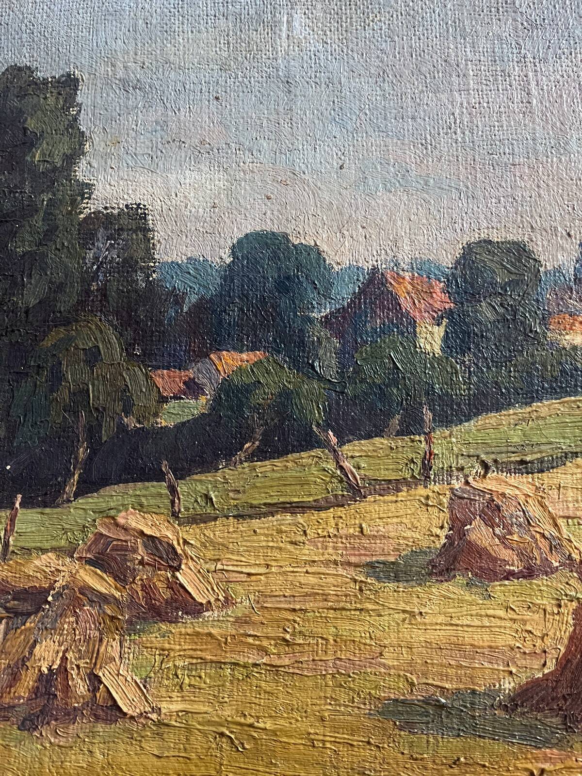Oil painting on canvas "Landscape with Haystacks and Village" signed Post-Impressionist