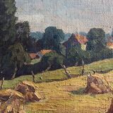 Oil painting on canvas "Landscape with Haystacks and Village" signed Post-Impressionist