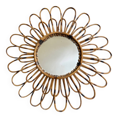 Miroir soleil en rotin, France années 50