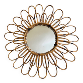 1950s French rattan sun mirror