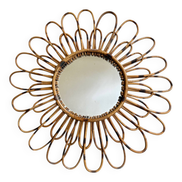 Miroir soleil en rotin, France années 50