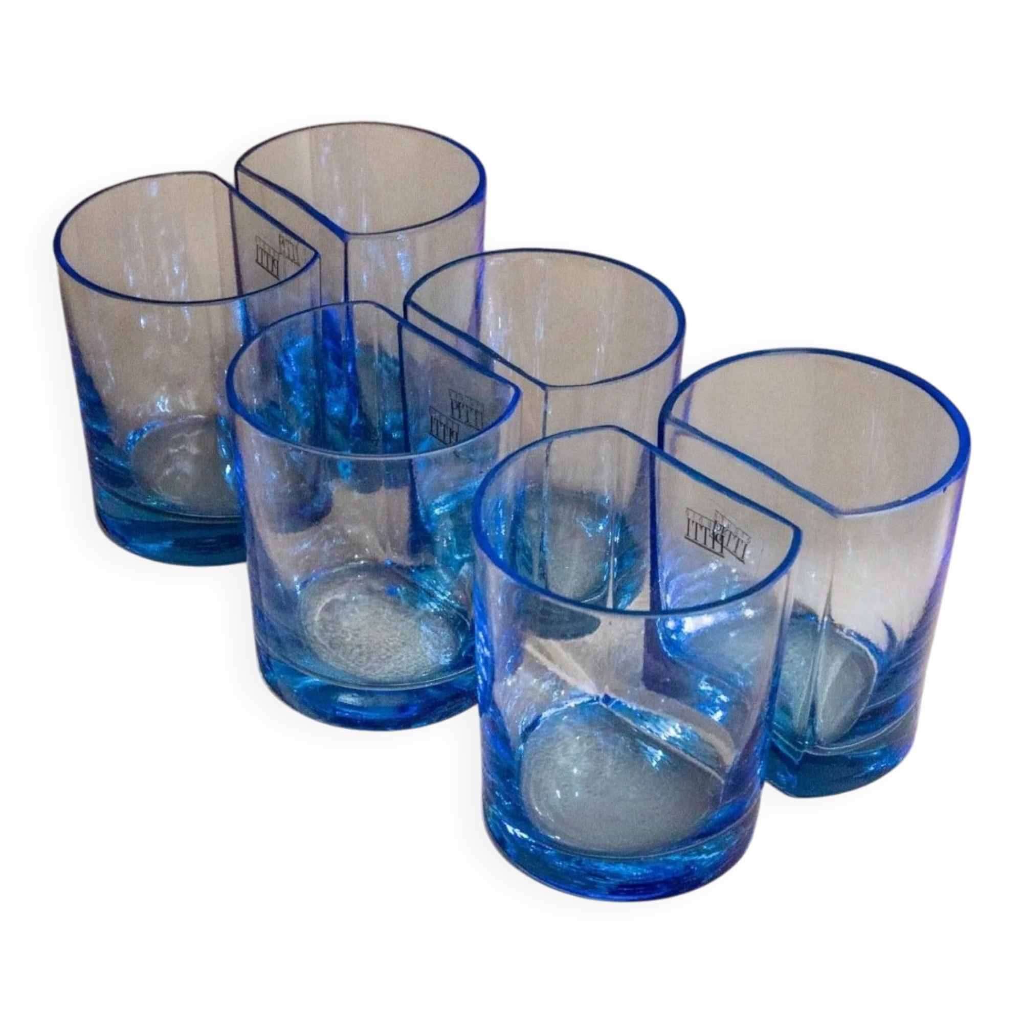 Set of 6 vintage blue drinking glasses with curved design, Pitti Studio, Italy, 1980s.