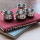 Stainless steel mugs x4, golden handle, vintage Italian craftsmanship.