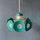 Suspension Space Age with glass shade and green/blue metal structure.