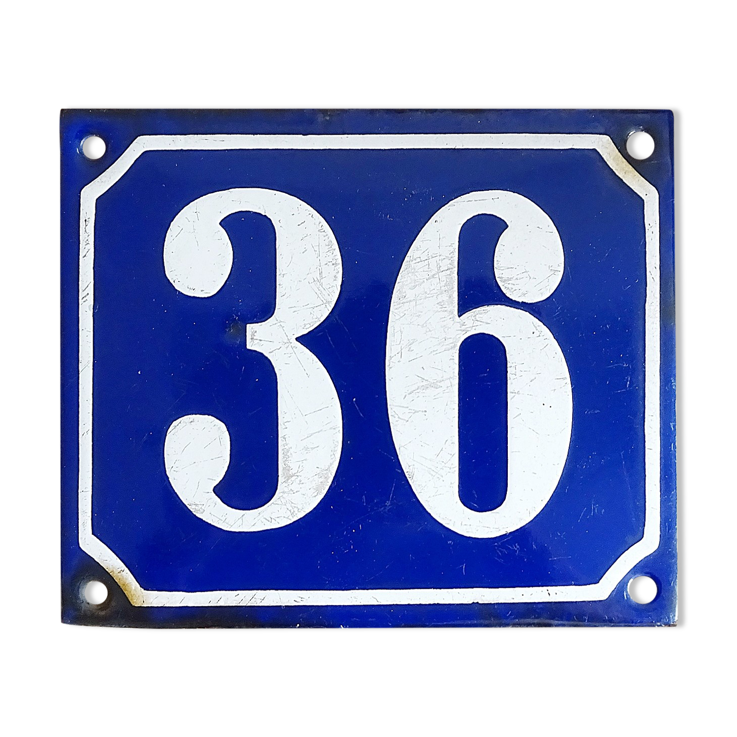 Plaque d’immatriculation de la vieille maison en bleu blanc, panneau en émail numéro 36