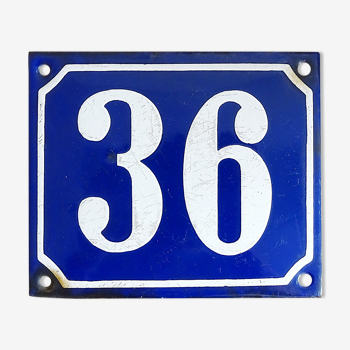 Old house number plate in blue white, enamel sign number 36