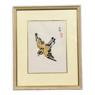 Asia 1900: framed and signed watercolor depicting a bird in flight