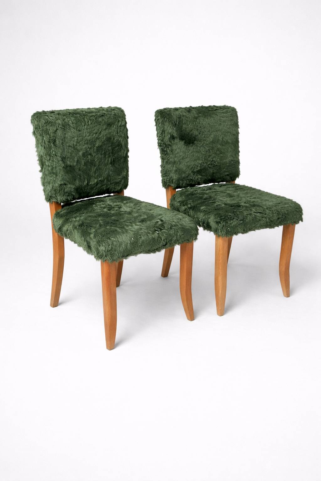 Pair of vintage wooden chairs with green fur effect upholstery – Year