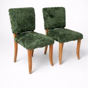 Pair of vintage wooden chairs with green fur effect upholstery – Year