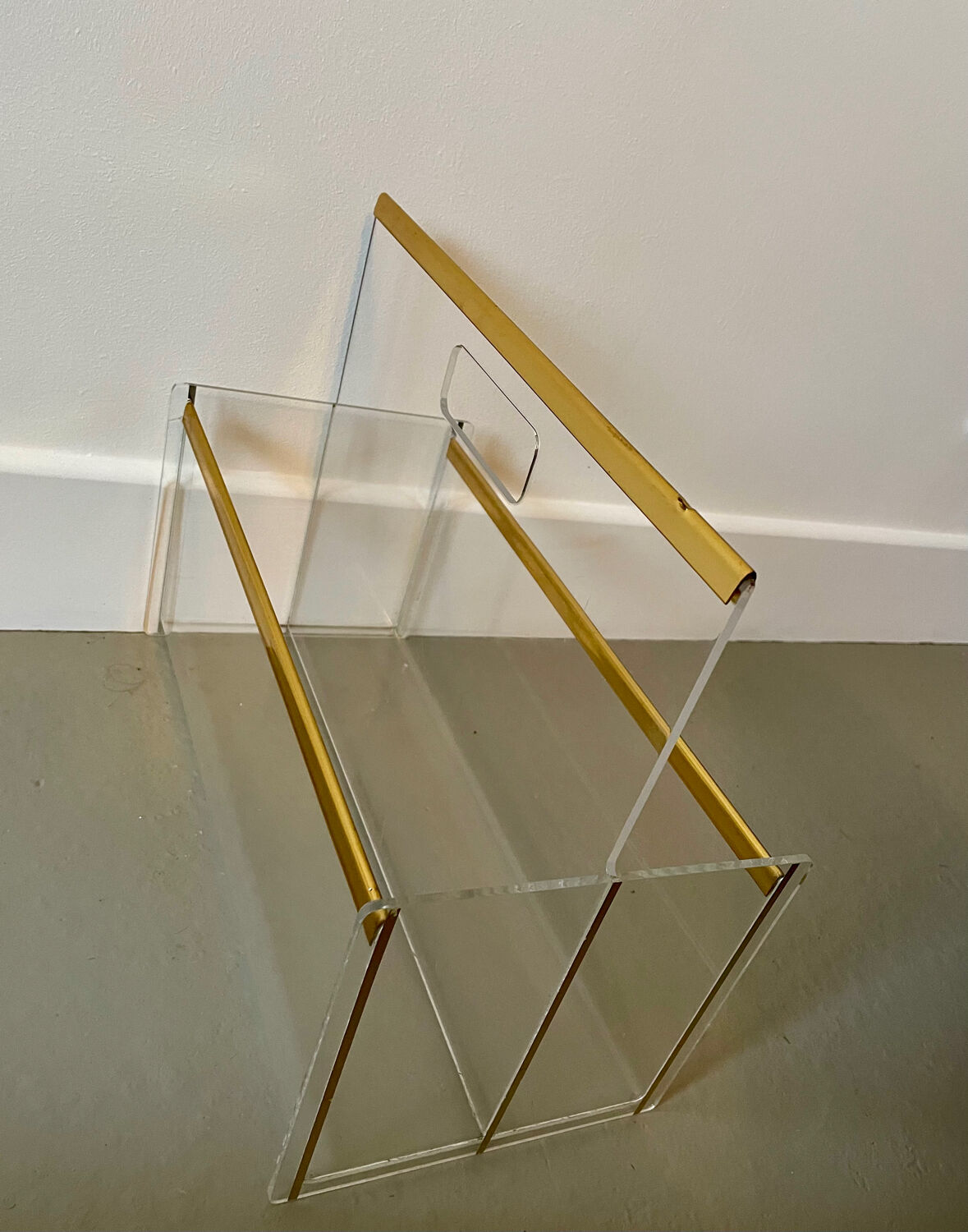 80s Plexiglas and brass magazine rack