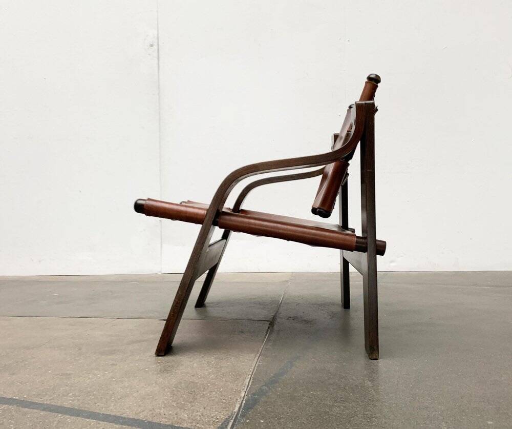 Brutalist Mid-Century Safari Armchair in Wood and Leather, 1960s