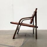 Brutalist Mid-Century Safari Armchair in Wood and Leather, 1960s
