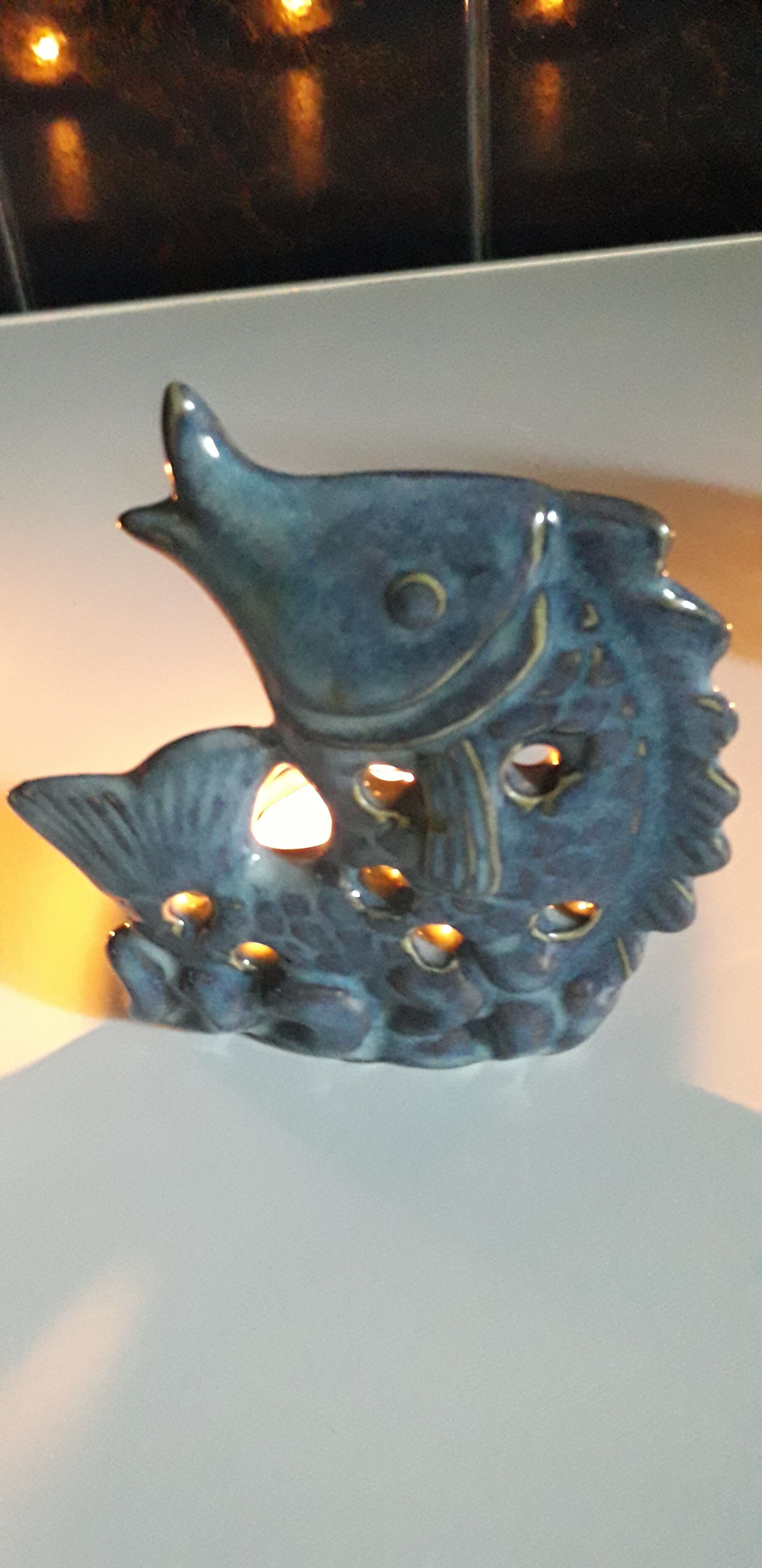 Set of 3 candle holders in glazed ceramic gray blue, shape "fish".