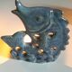 Set of 3 candle holders in glazed ceramic gray blue, shape "fish".
