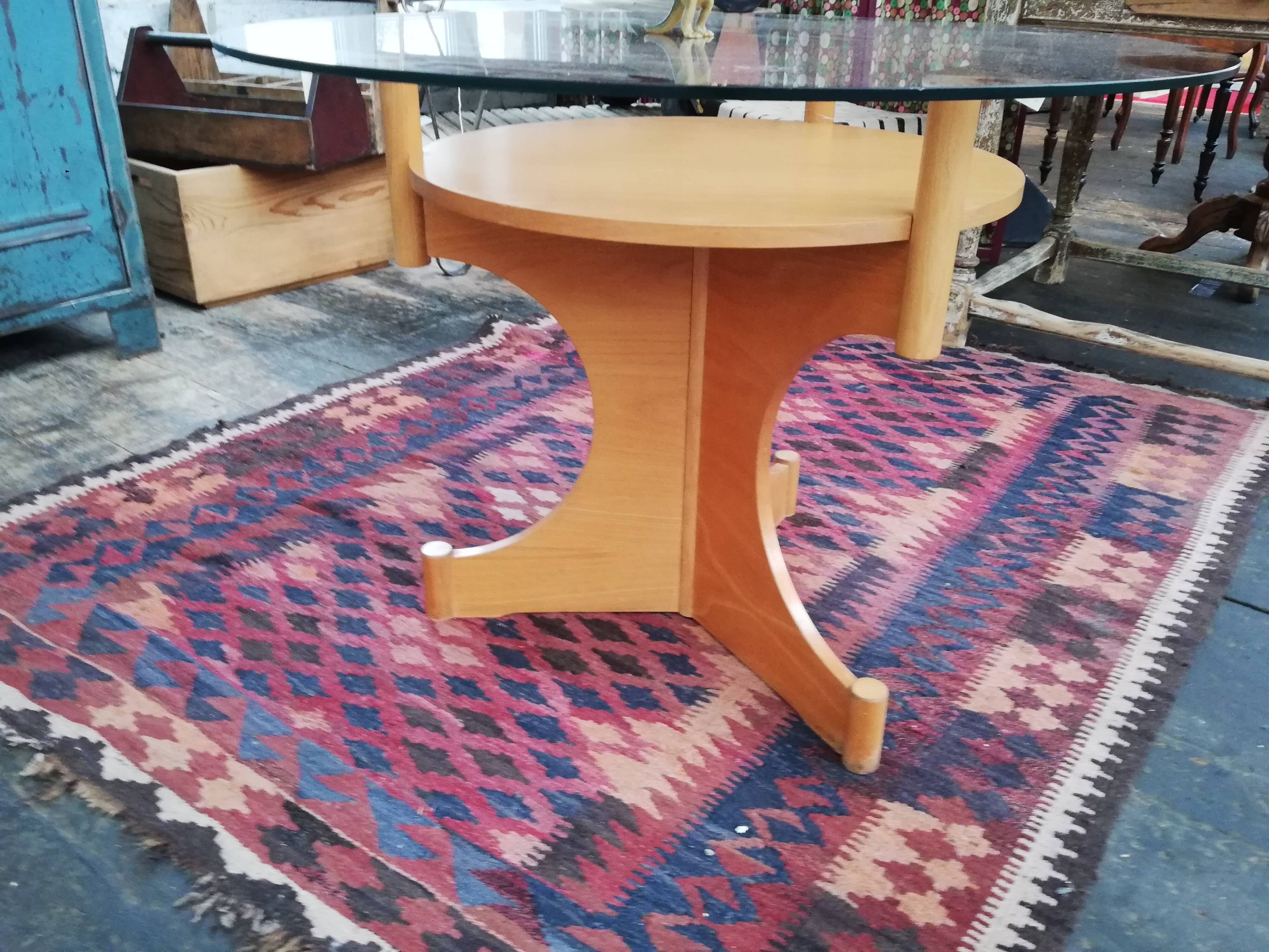Vintage round wooden table and glass top, Czech, 1960, central leg