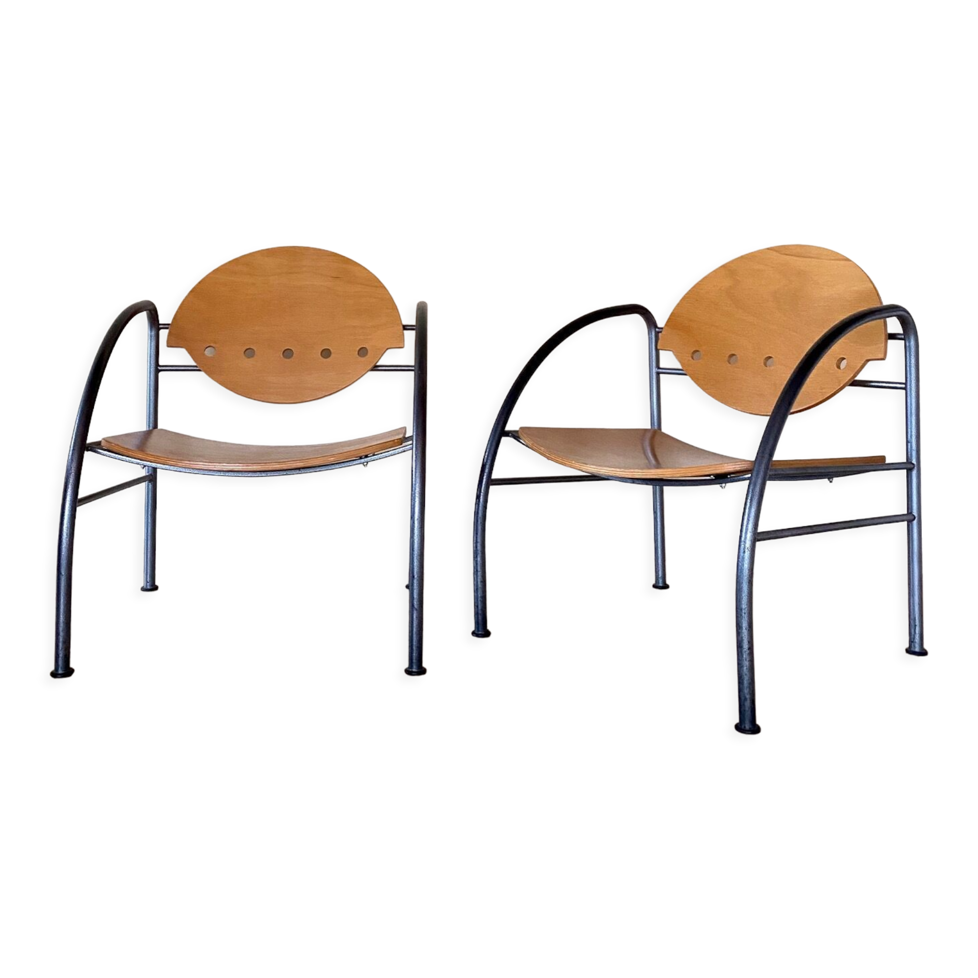 Pair of wooden and steel armchairs, 1980's