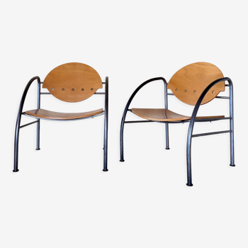 Paire de fauteuils en bois et acier, 1980's