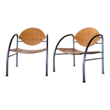 Pair of wooden and steel armchairs, 1980's