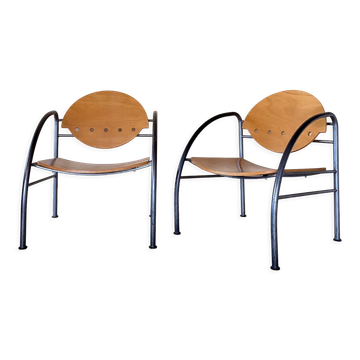 Pair of wooden and steel armchairs, 1980's
