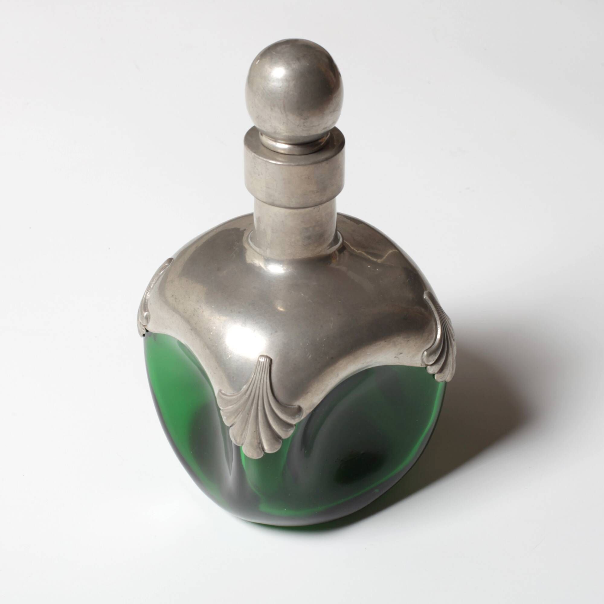 Art Nouveau Green Glass Decanter with Pewter Elements / France / 1960s
