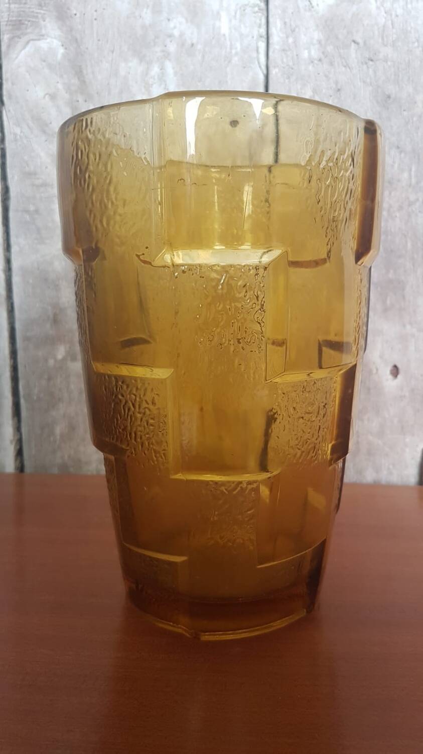 Old Art Deco Style Vase Molded Glass Orange Vintage #A696