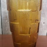 Ancien Vase Style Art Déco Verre Moulé Orange Vintage #A696