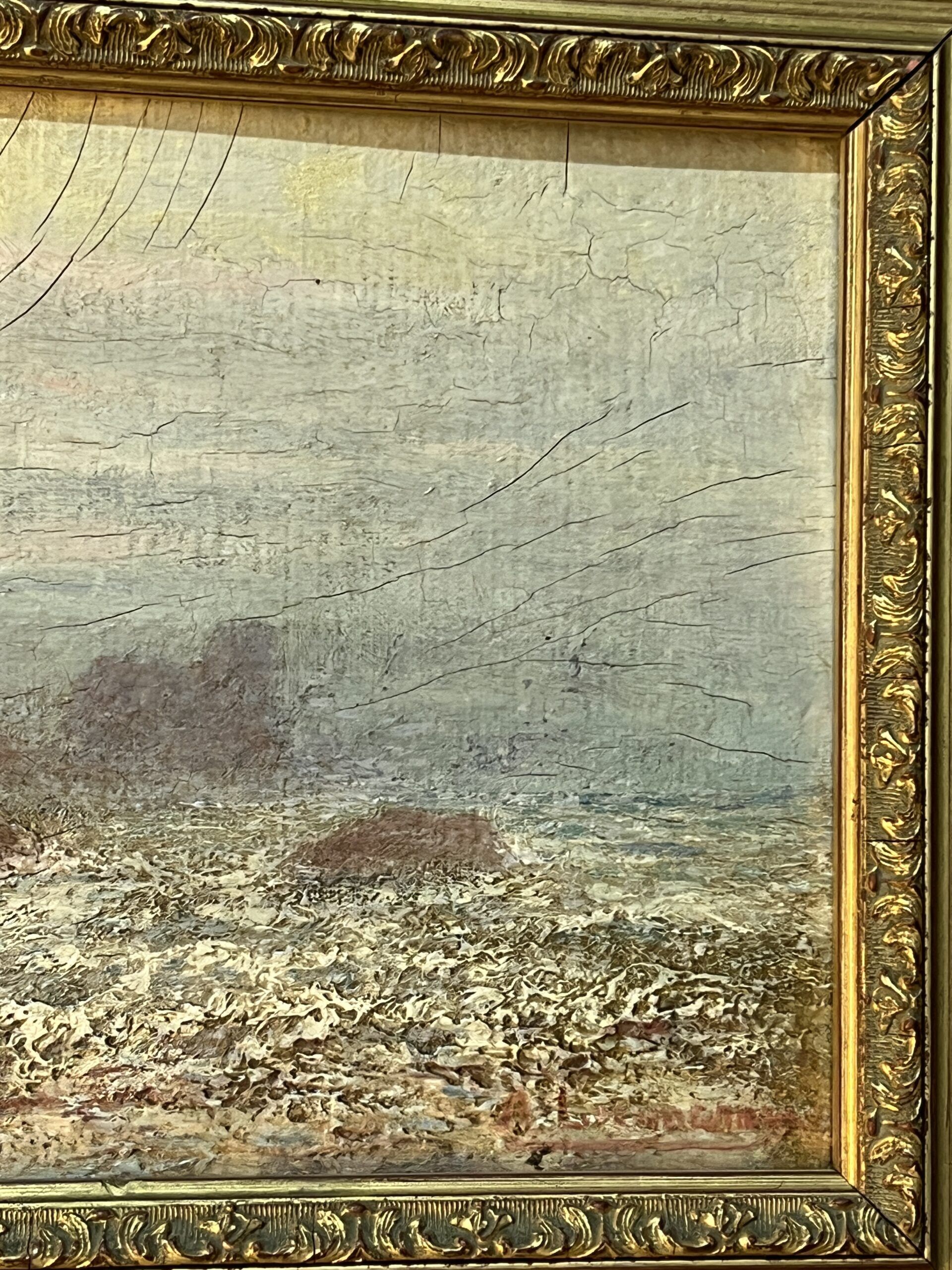 A. Laemmermann, oil painting on cardboard depicting a rocky landscape.