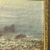 A. Laemmermann, oil painting on cardboard depicting a rocky landscape.