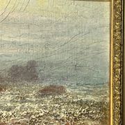 A. Laemmermann, oil painting on cardboard depicting a rocky landscape.