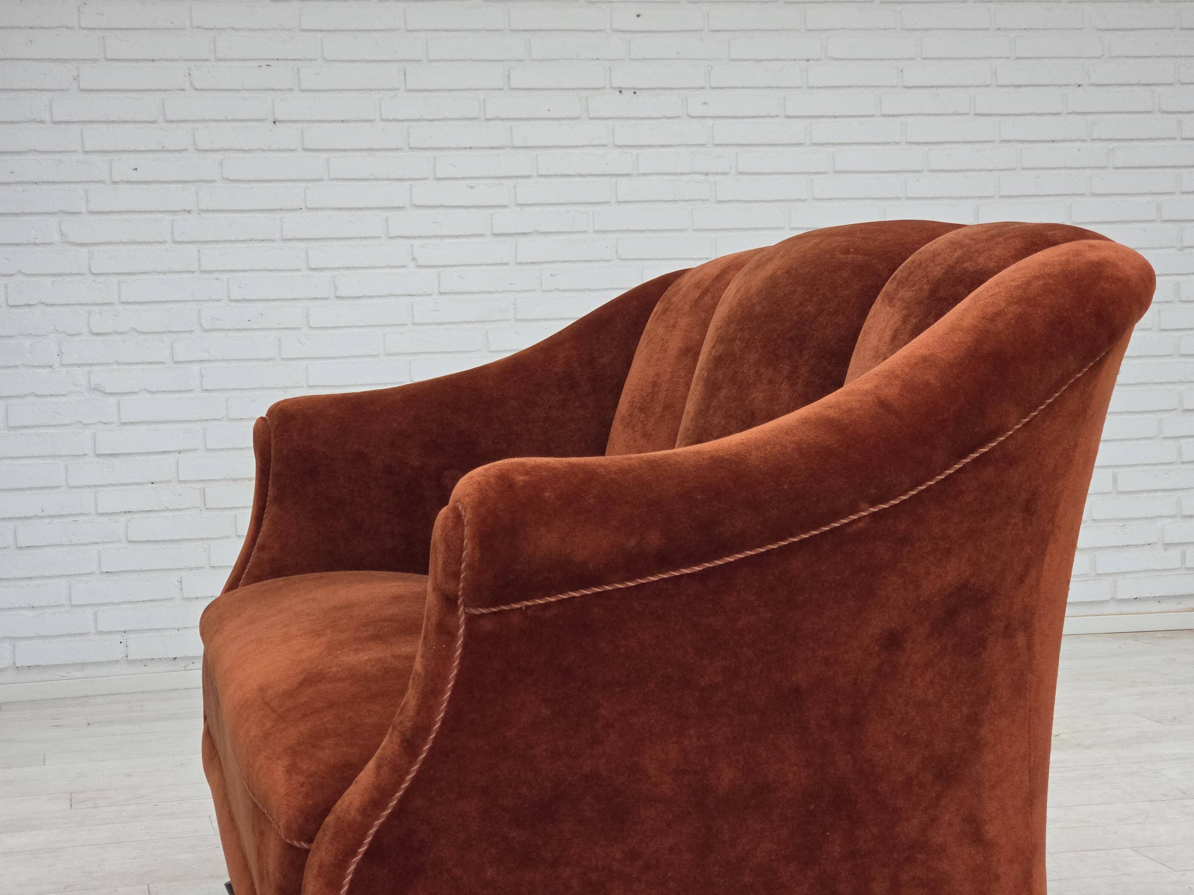 1950s, Danish 2-seater sofa, furniture velour, oak wood legs.