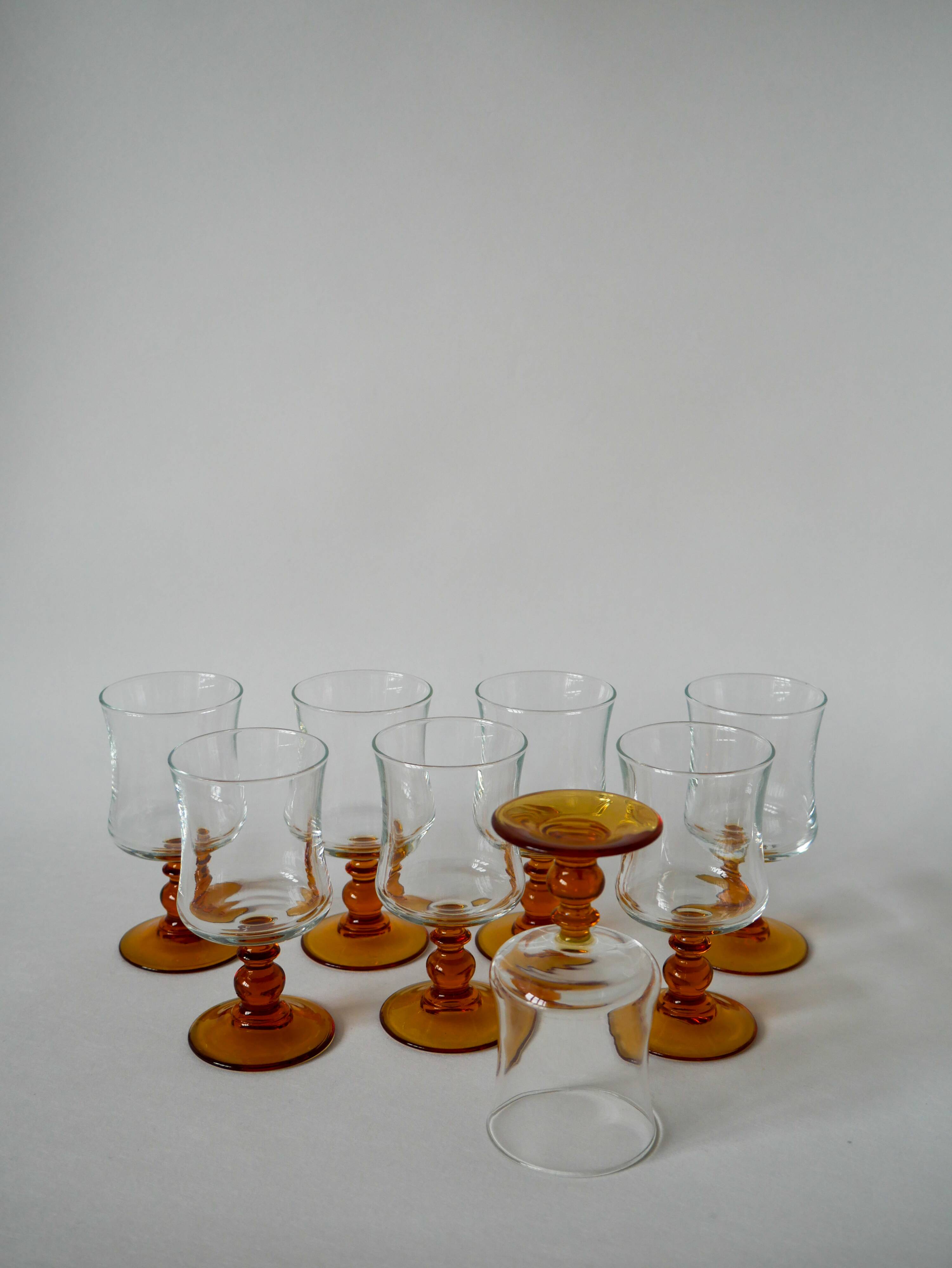 set of 8 vintage amber-stemmed wine glasses 1970