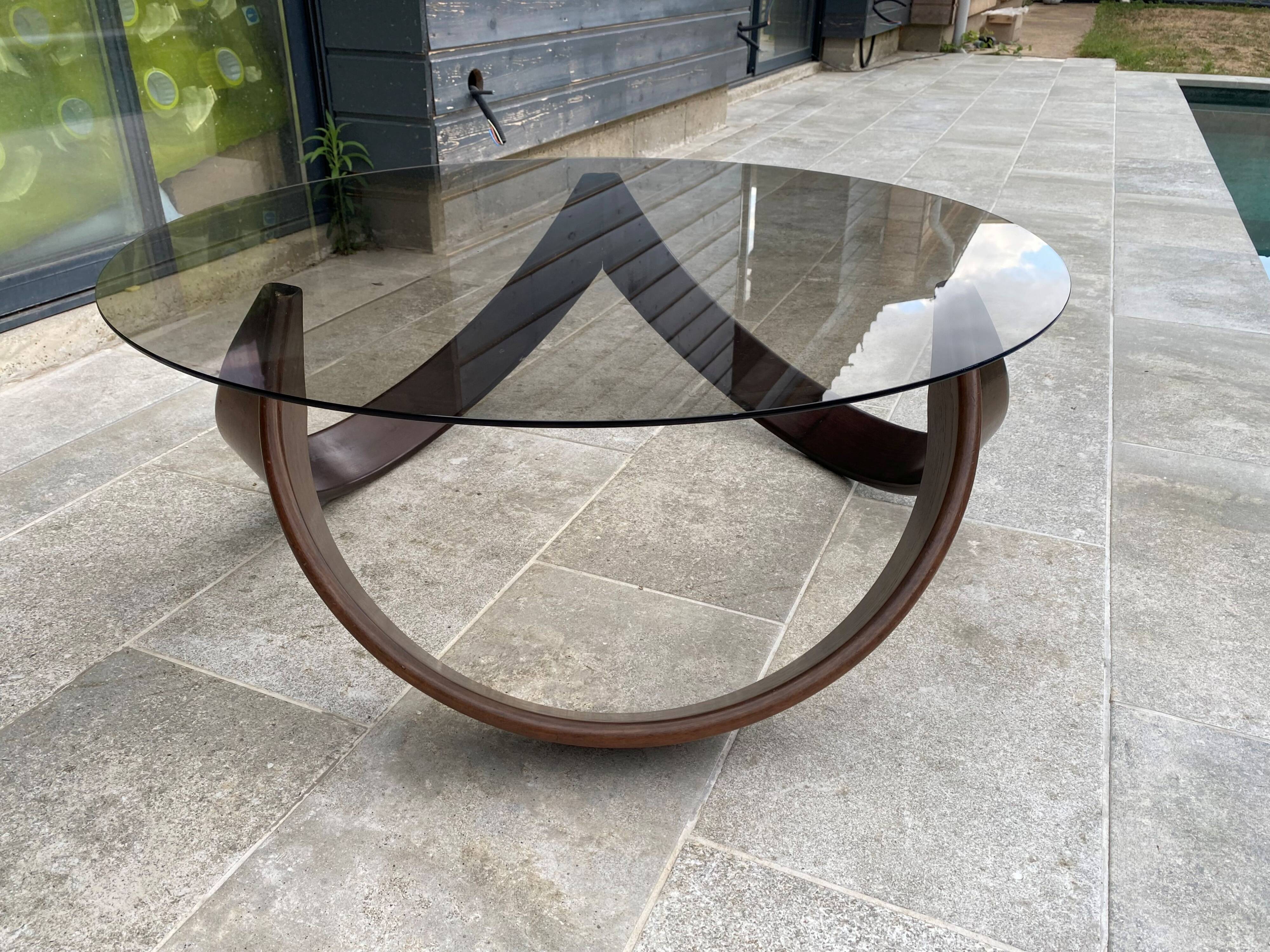 Vintage 1970s organic wood glass round coffee table
