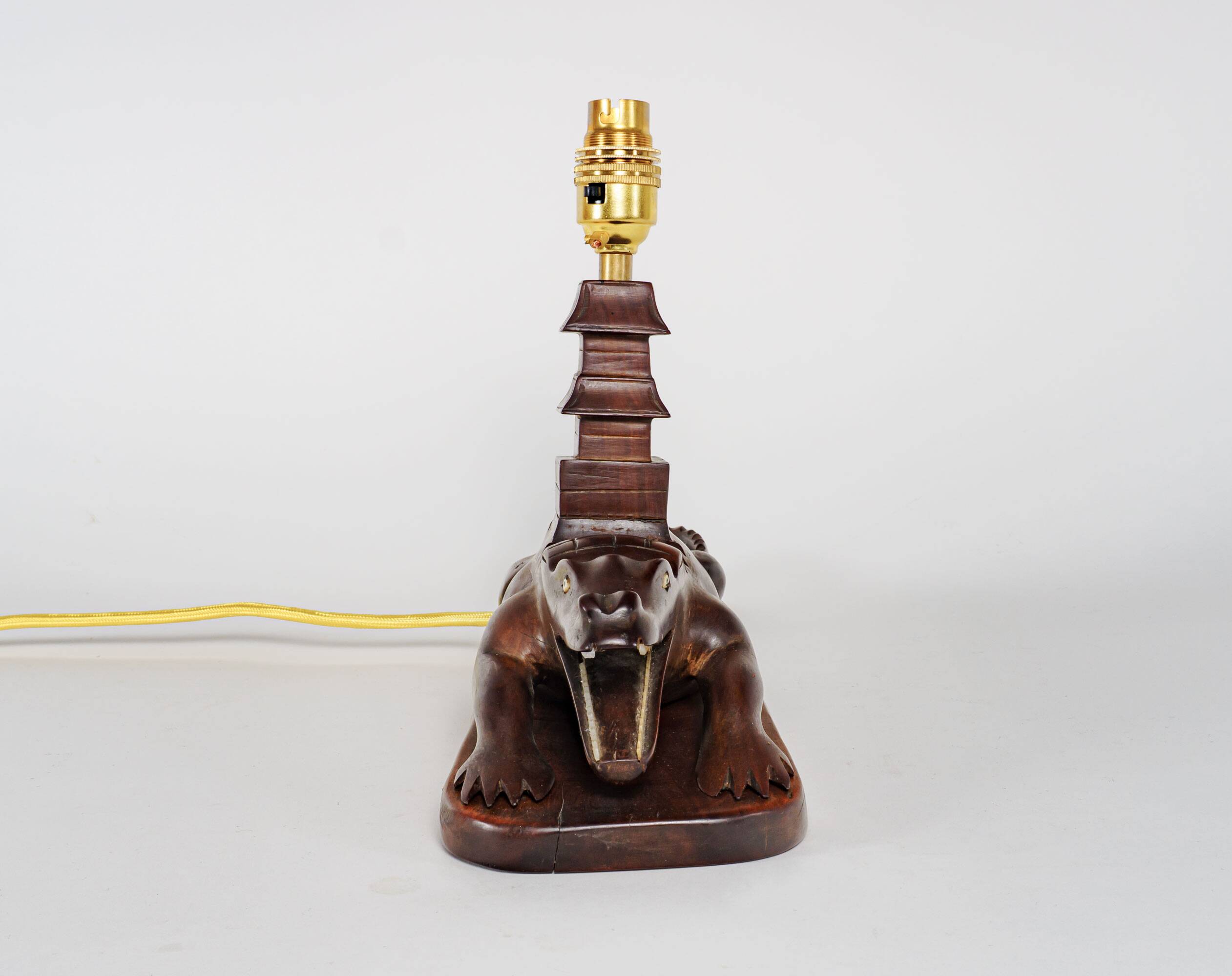Vintage 1950s Carved Wooden Mahogany Crocodile Table Lamp